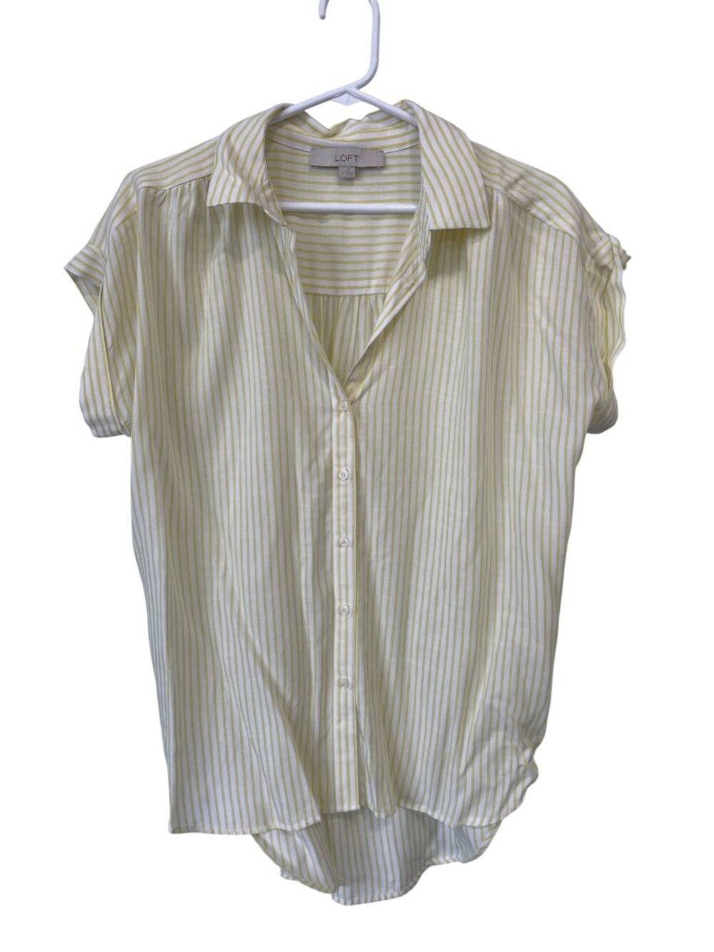 LOFT Shirt Small Striped Button Front Short Sleeve Top White Yellow Beach Chic